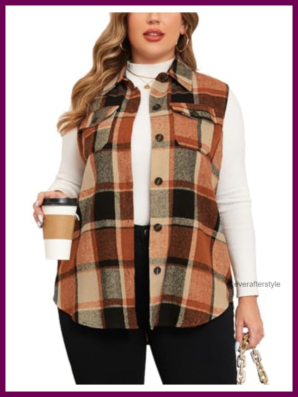 Plus Size Flannel Plaid Long Vest Button Down Sleeveless Shacket Coat